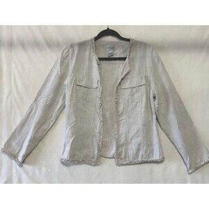 Chico's Linen Blazer Women Sz 1 Open Front Khaki Textured Trim Ruffle Detail